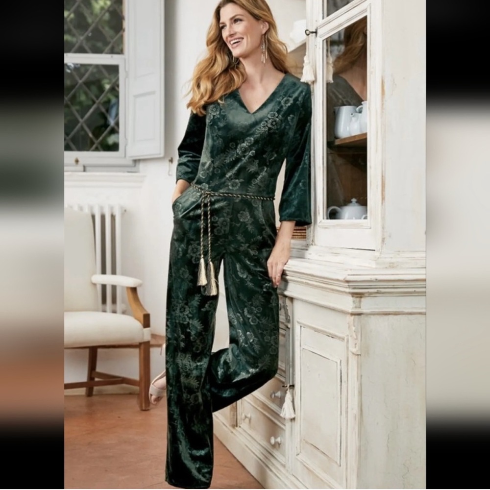 Soft Surroundings Leelah Embossed Floral Velvet Jumpsuit Sz S